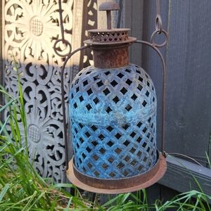Rustic Hanging Metal Garden Lantern – Blue Verdigris Patina – Boho Patio Decor